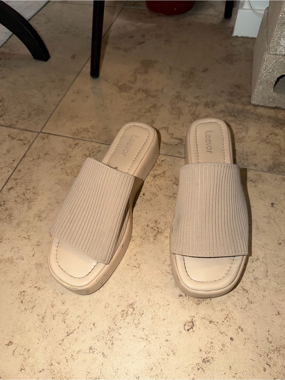 Beige Ribbed Slide Sandals for Women